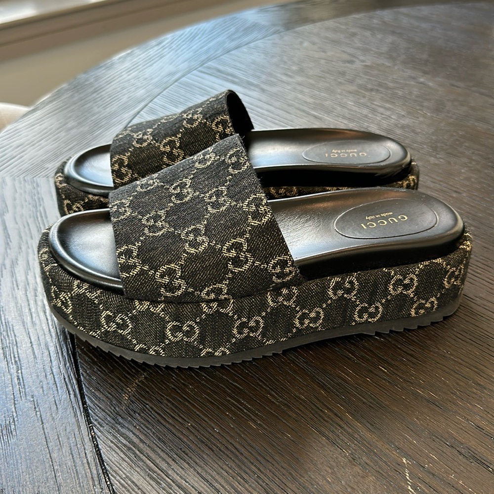 Gucci Jaquard Black Denim GG Monogram Angelina Platform 55mm Slide Sandals Black